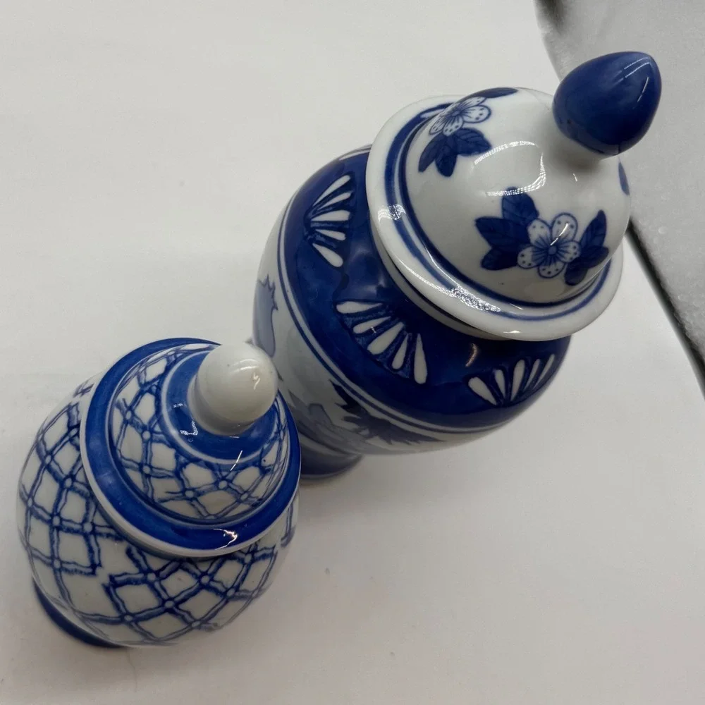 Vintage Blue and White Ceramic Ginger Jars Set of 2 Floral Lattice Chinoiserie